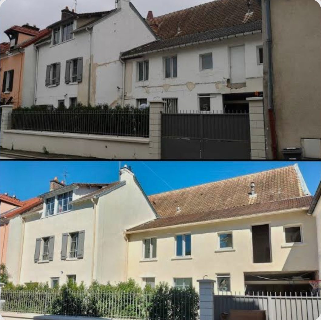 Ensemble de maisons avant et après rénovation des façades